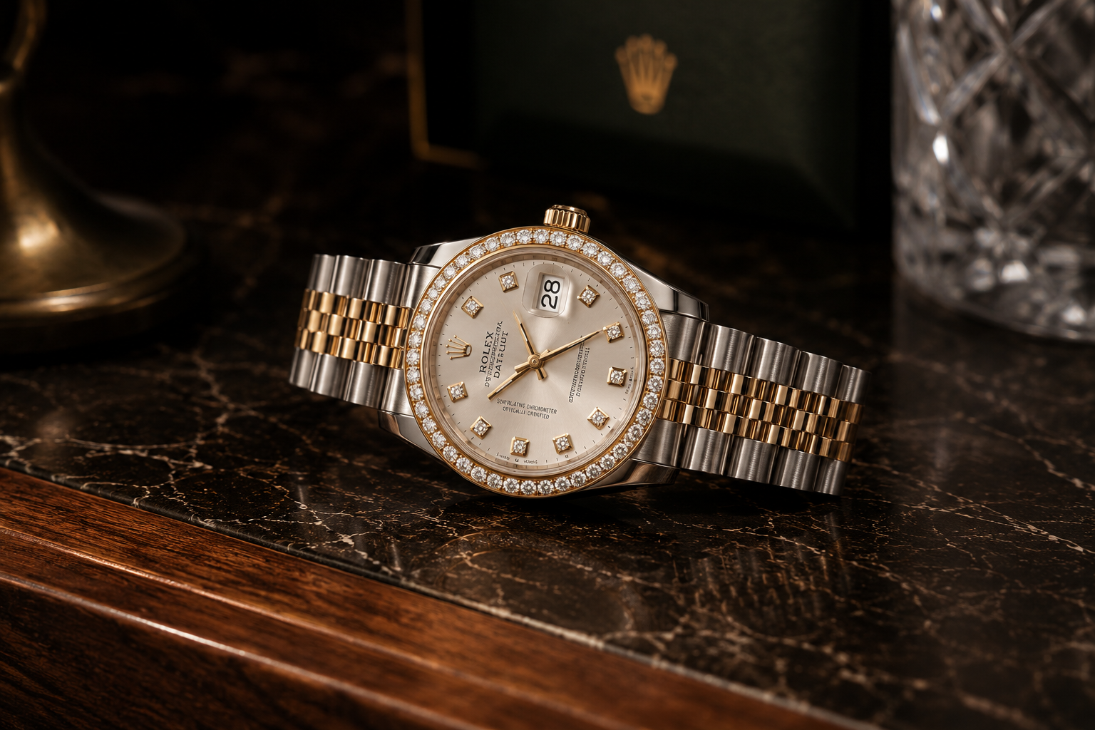 A Rolex Datejust watch with a two-tone steel and gold bracelet, diamond-set bezel, and champagne dial, resting on a dark marble surface with a green Rolex box in the background.