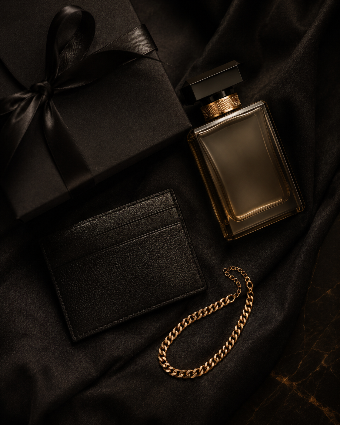 Flat lay of luxury gift arrangement with perfume bottle, gold chain jewelry, and black leather cardholder on dark fabric with warm lighting, minimalist editorial style