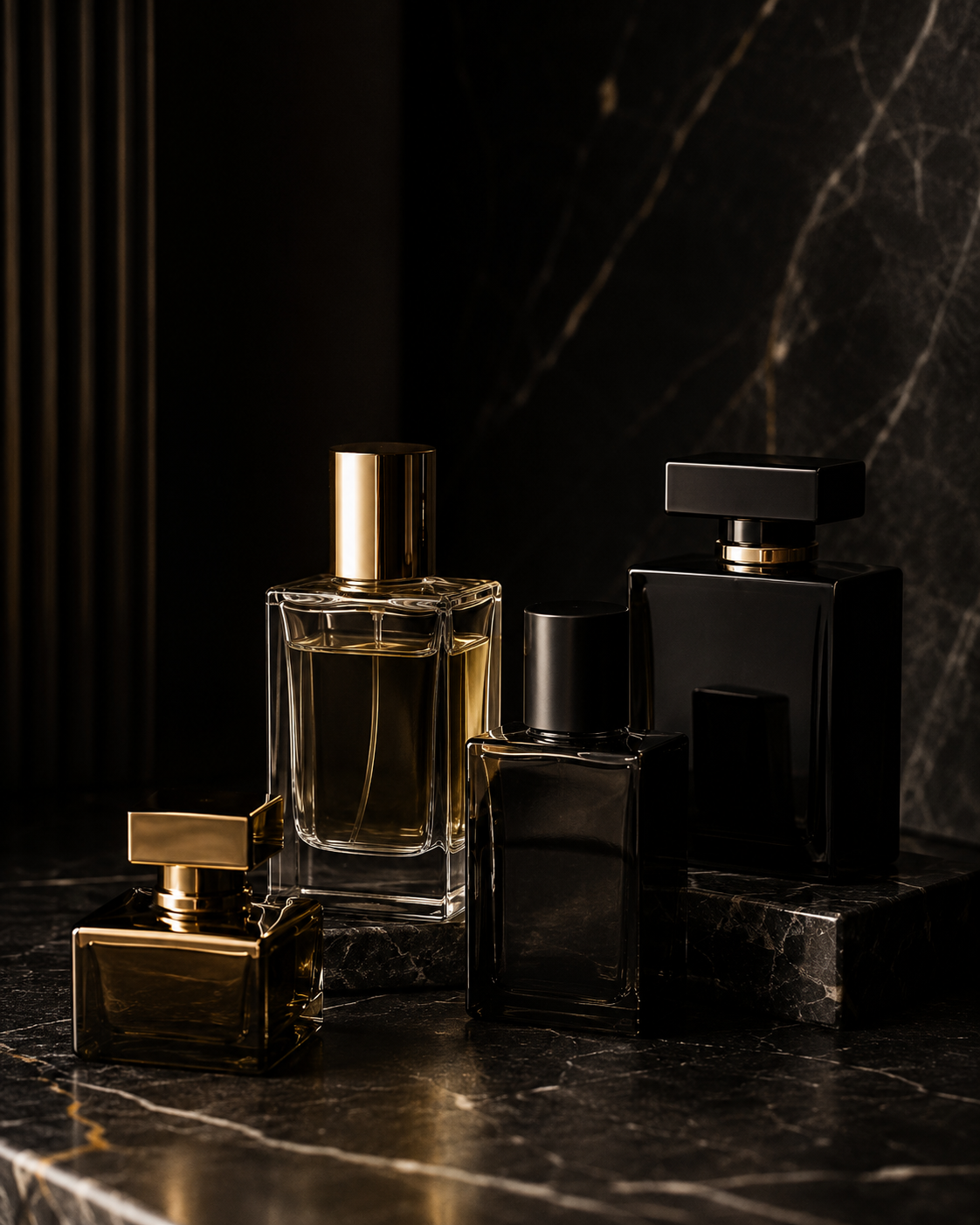 Four perfume bottles in black and gold glass, arranged on a dark marble surface against a black marble background.
