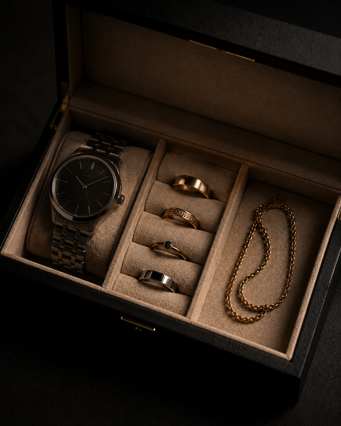 A luxury watch and jewelry set presented in an open black wooden box with a beige velvet interior. The set includes a stainless steel wristwatch with a black dial, three gold and silver rings, and a gold chain necklace.