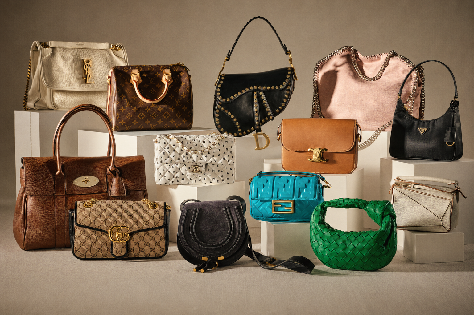 A curated collection of luxury handbags arranged on white pedestals against a warm beige studio background. Visible brands include Saint Laurent, Louis Vuitton, Gucci, Christian Dior, Prada, Bottega Veneta, and Celine.