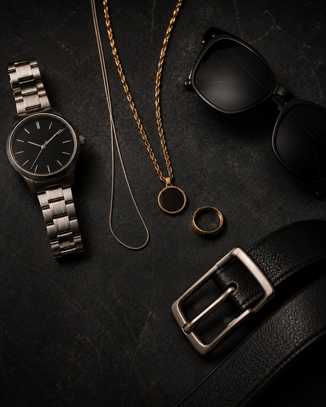 A styled flat-lay of men's accessories on a dark textured surface, including a silver metal watch with a black dial, a gold chain necklace with a circular pendant, black sunglasses, a black leather belt with a silver buckle, and a gold ring.