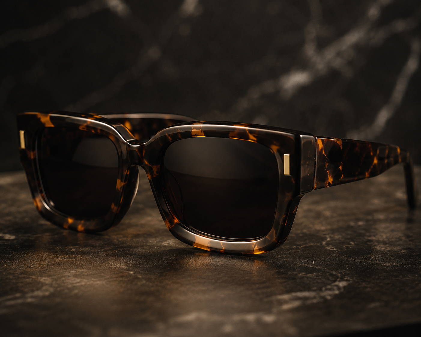 Tortoiseshell square sunglasses with dark lenses, resting on a dark textured surface against a dark marble background.