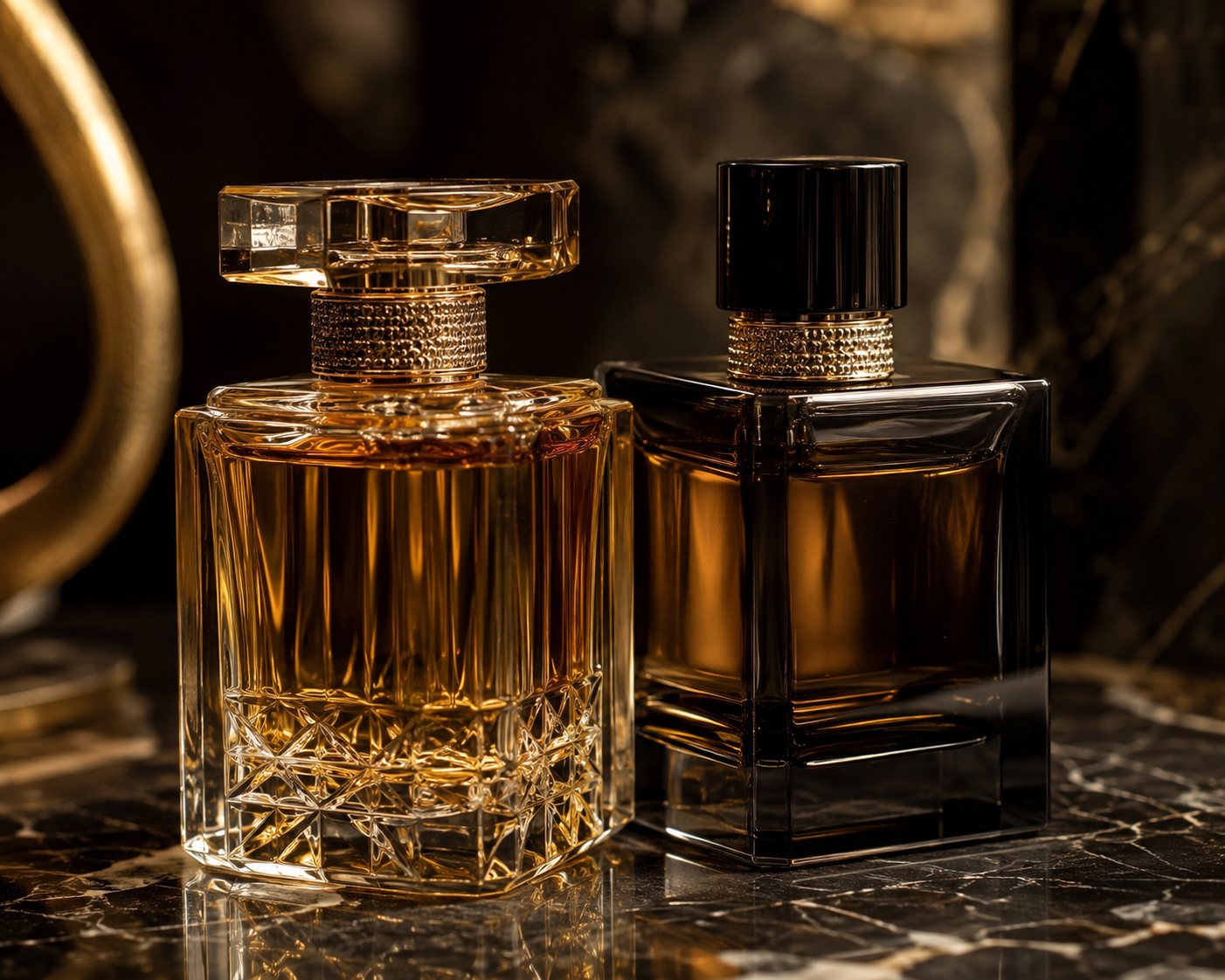 Two luxury perfume bottles with amber liquid, one in a clear faceted glass and one in a dark glass bottle, displayed on a polished dark marble surface.