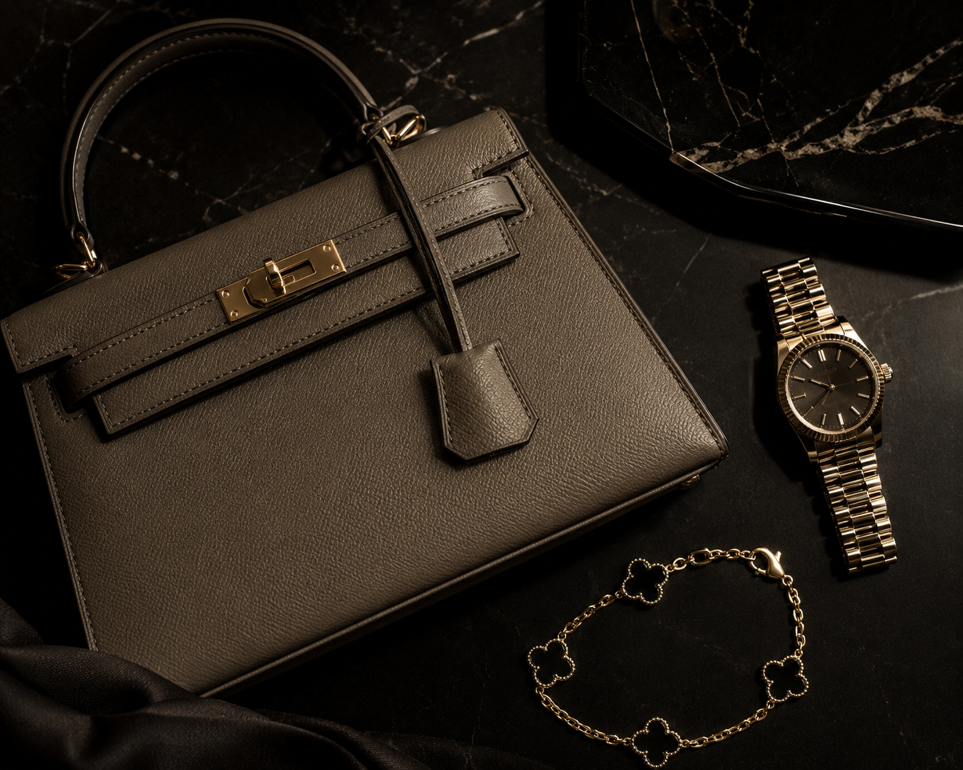 A structured taupe leather handbag with gold-tone hardware, styled on a dark marble surface alongside a gold-tone watch and bracelet.