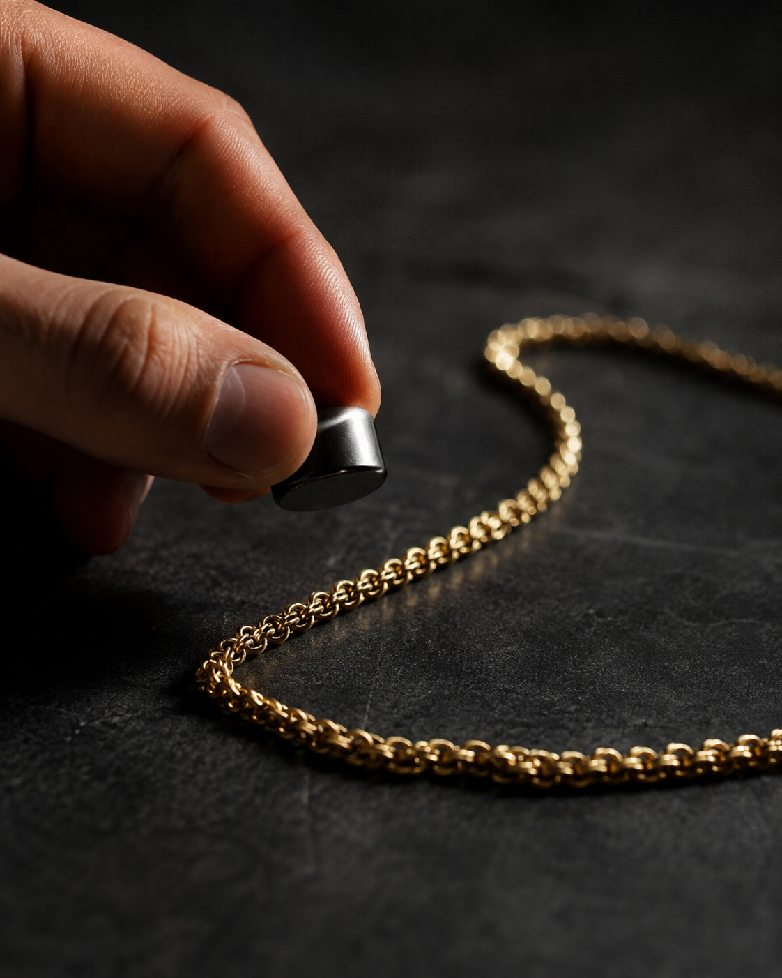 A close-up of a hand holding a small black cylindrical magnet above a gold chain necklace on a dark textured surface.