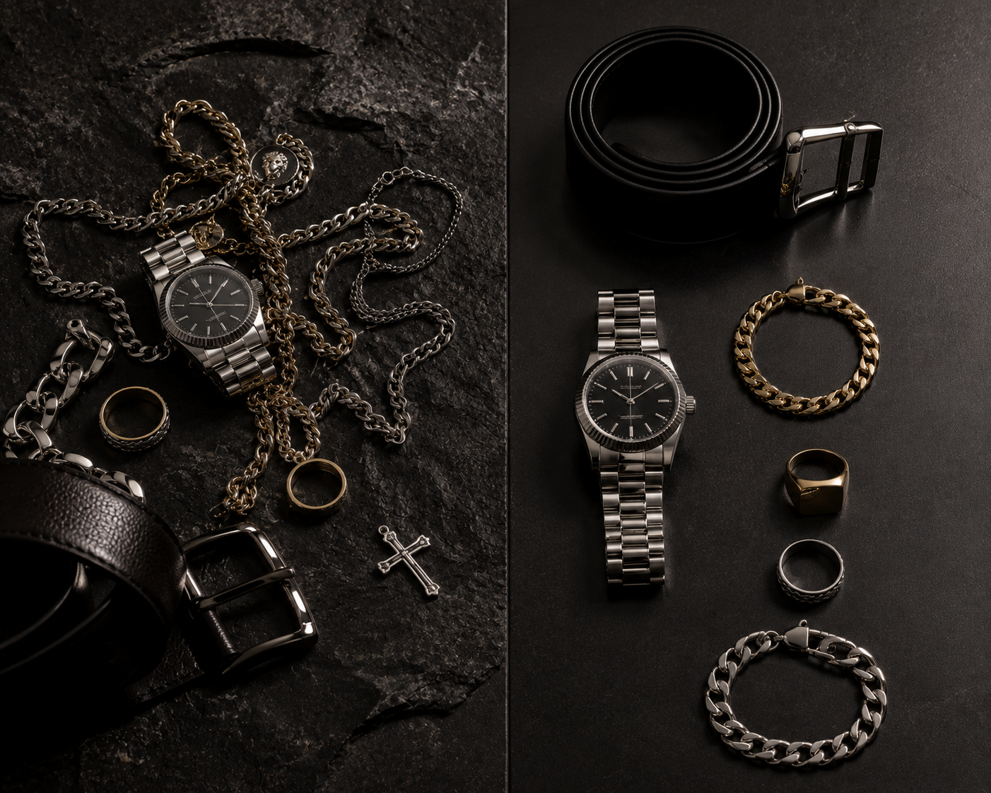 A styled flat-lay of men's accessories on a dark split background, featuring a silver-tone metal watch with a link bracelet, multiple gold and silver chains, rings, a cross pendant, a black leather belt, and bracelets.