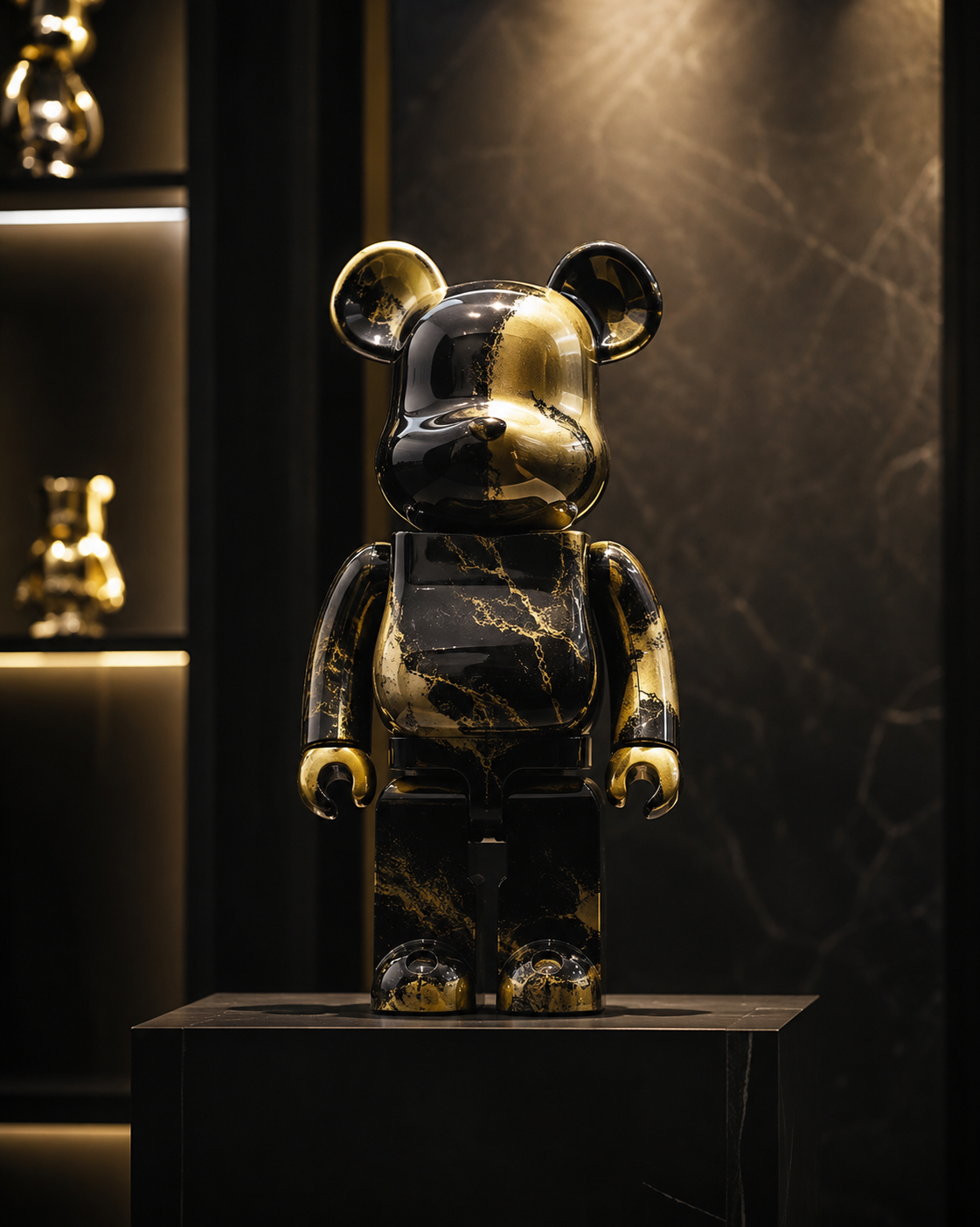 A glossy black and gold marble-patterned bear figure stands centered on a dark pedestal in an elegant interior setting with warm lighting and a dark marble wall behind it.