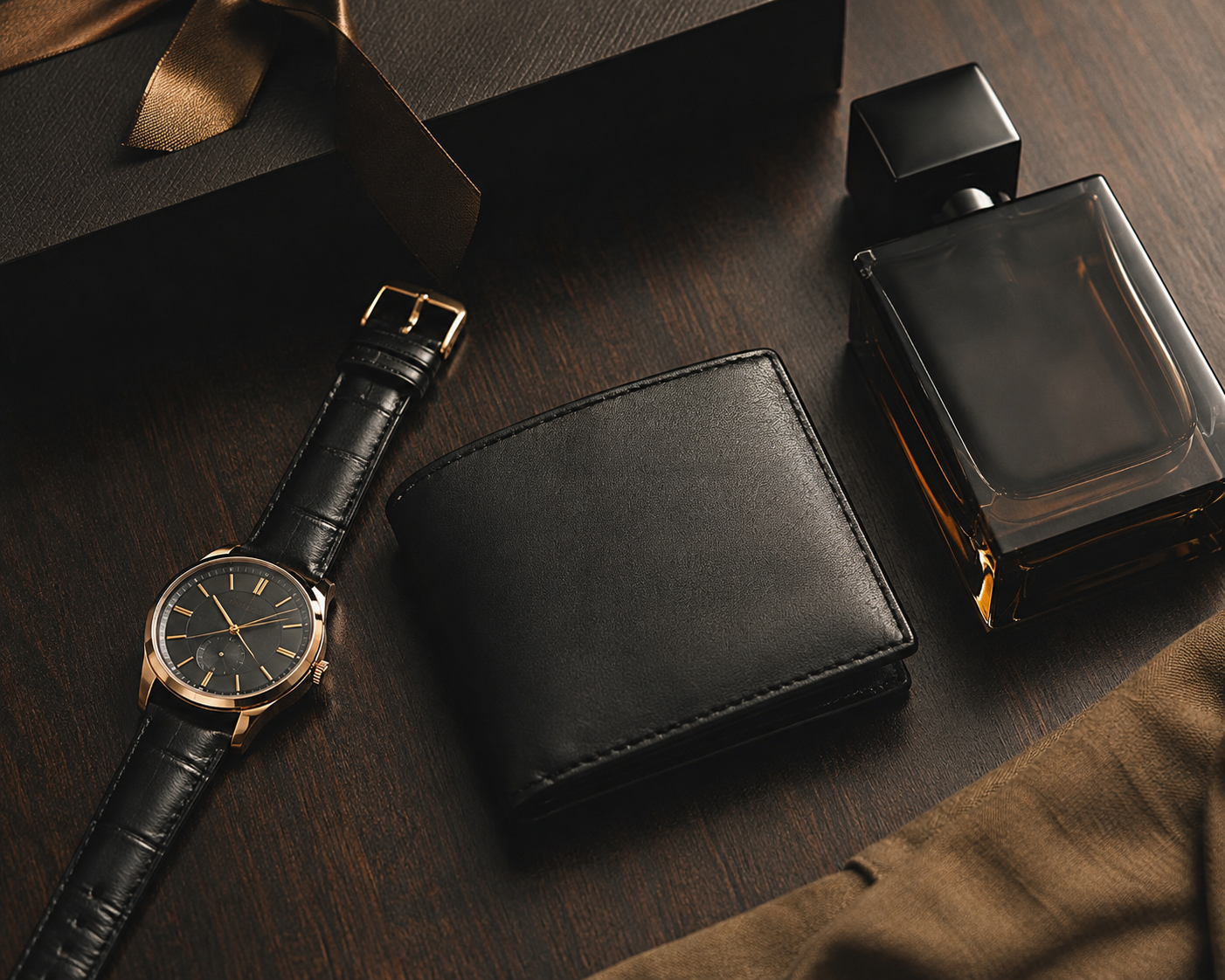 A luxury men's accessory set arranged on a dark wood surface, featuring a black leather watch with a gold-toned case, a black leather bifold wallet, and a black glass perfume bottle.