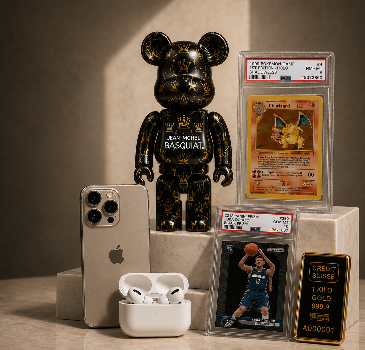 A luxury collectible display featuring a black and gold Louis Vuitton Be@rbrick with 'Jean-Michel Basquiat' text, alongside a gold iPhone, white AirPods in a charging case, a graded 1995 Pokémon Charizard card, a graded basketball card, and a gold credit Suisse 1 kilo gold bar on a beige marble pedestal.