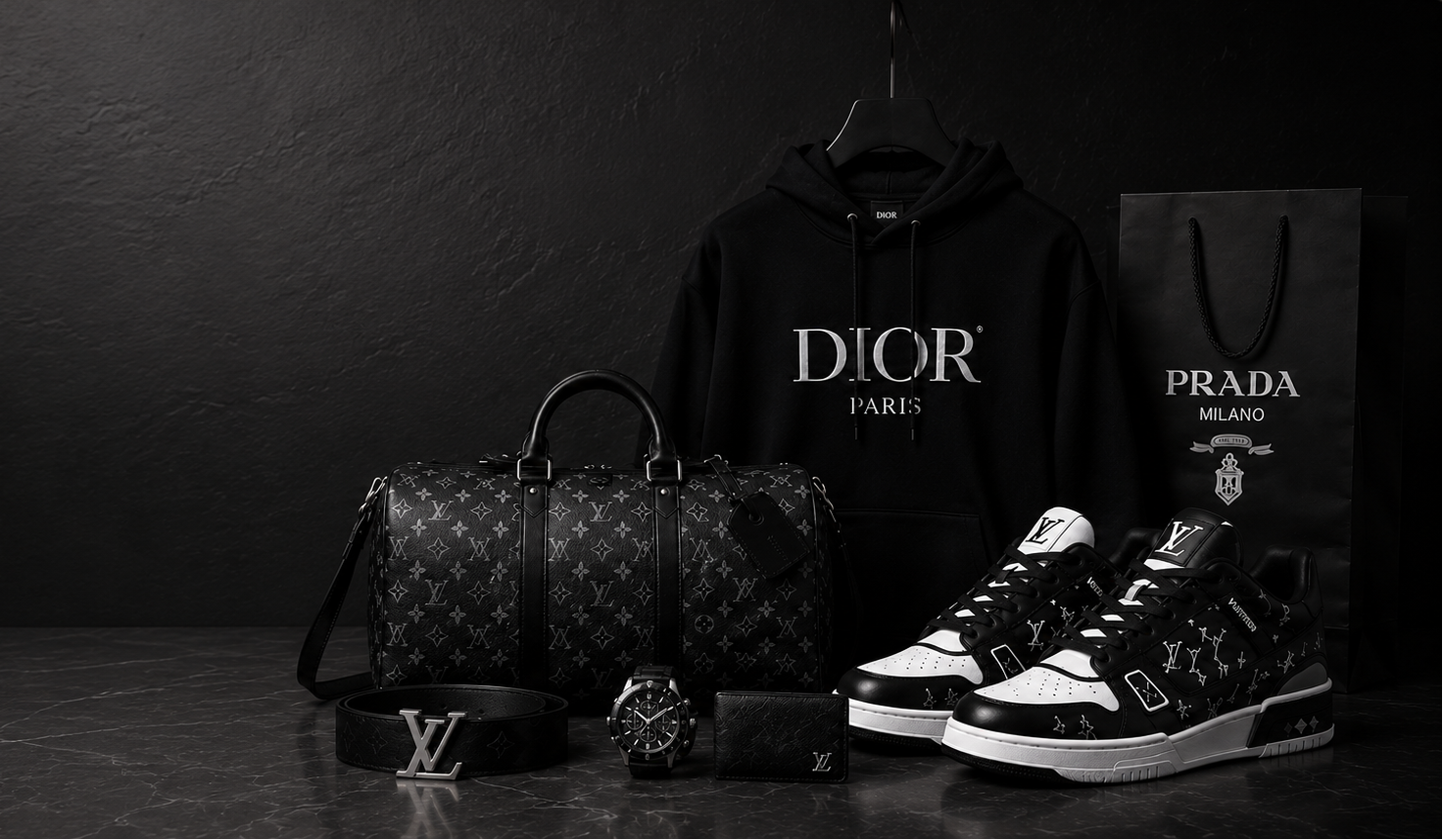 A luxury lifestyle product display featuring a black Dior hoodie, a black Prada monogram duffel bag, black and white Prada sneakers, a black Prada belt, a black Prada watch, and a black Prada shopping bag, arranged on a dark textured surface against a dark background.