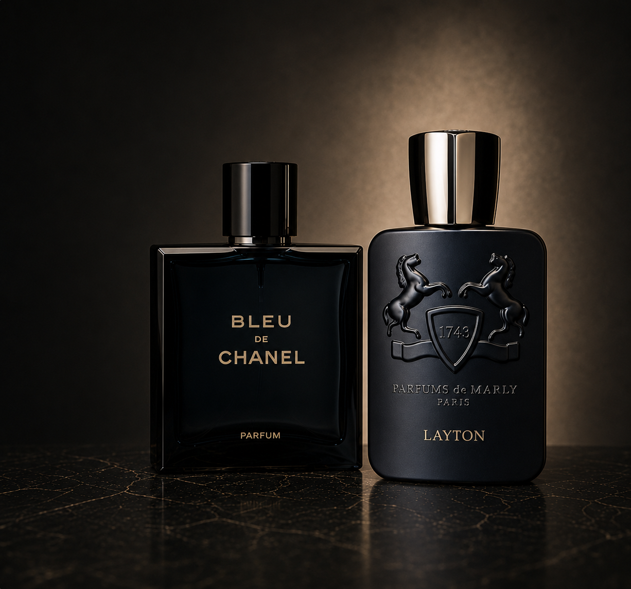 Two premium perfume bottles displayed side by side on a dark marble surface against a moody black background. The left bottle is a rectangular black glass bottle labeled 'BLEU DE CHANEL PARFUM'.