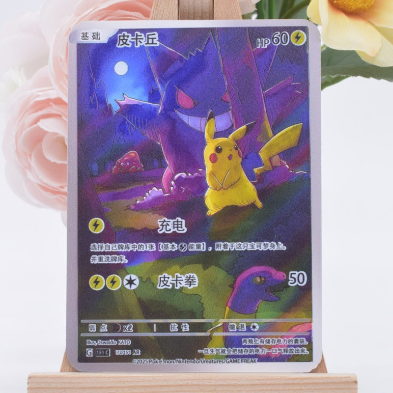 A Pokémon trading card featuring Pikachu in a purple forest scene, displayed upright on a small wooden stand with soft pink flowers blurred in the background.
