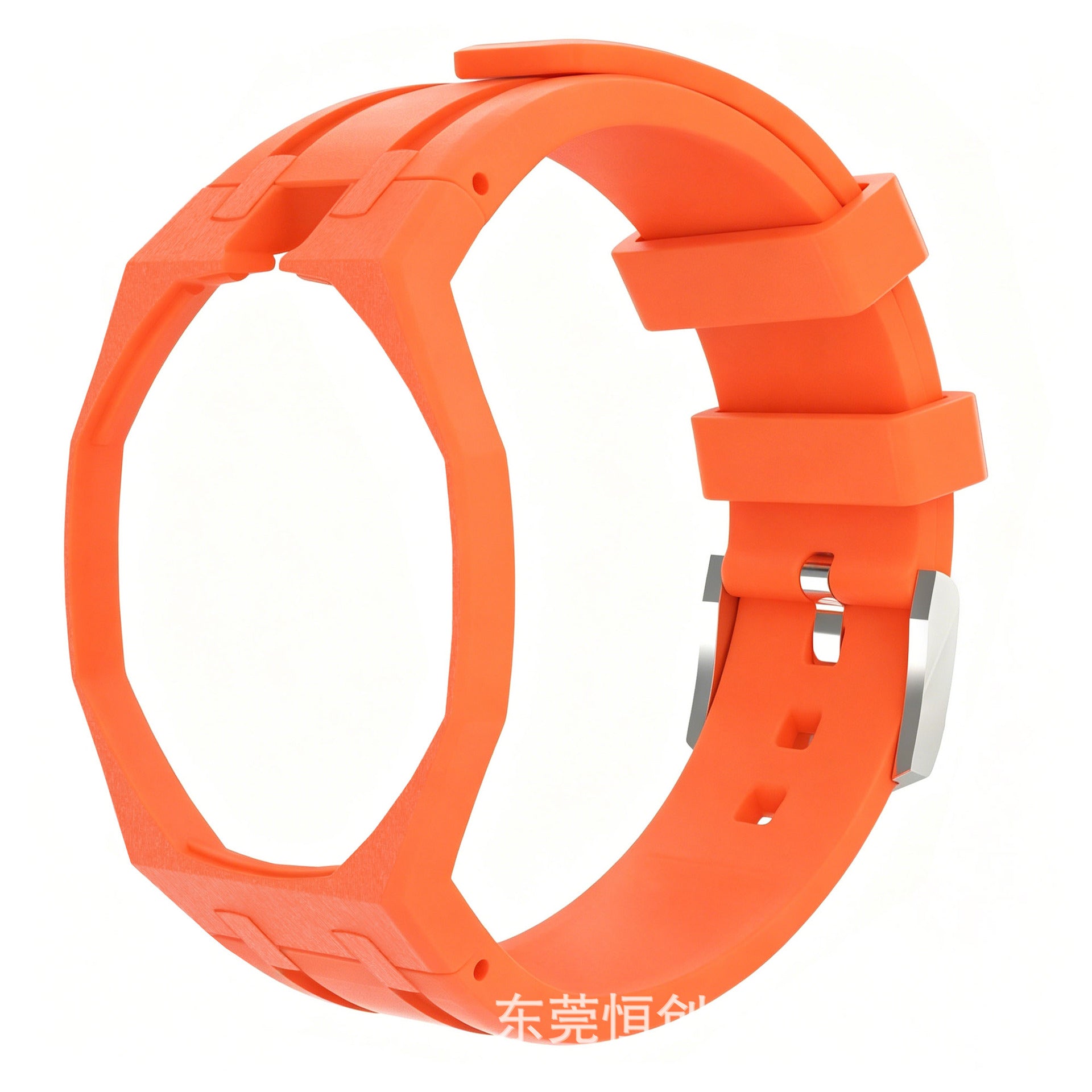 An orange silicone watch band with a silver metal buckle, shown on a plain white background.