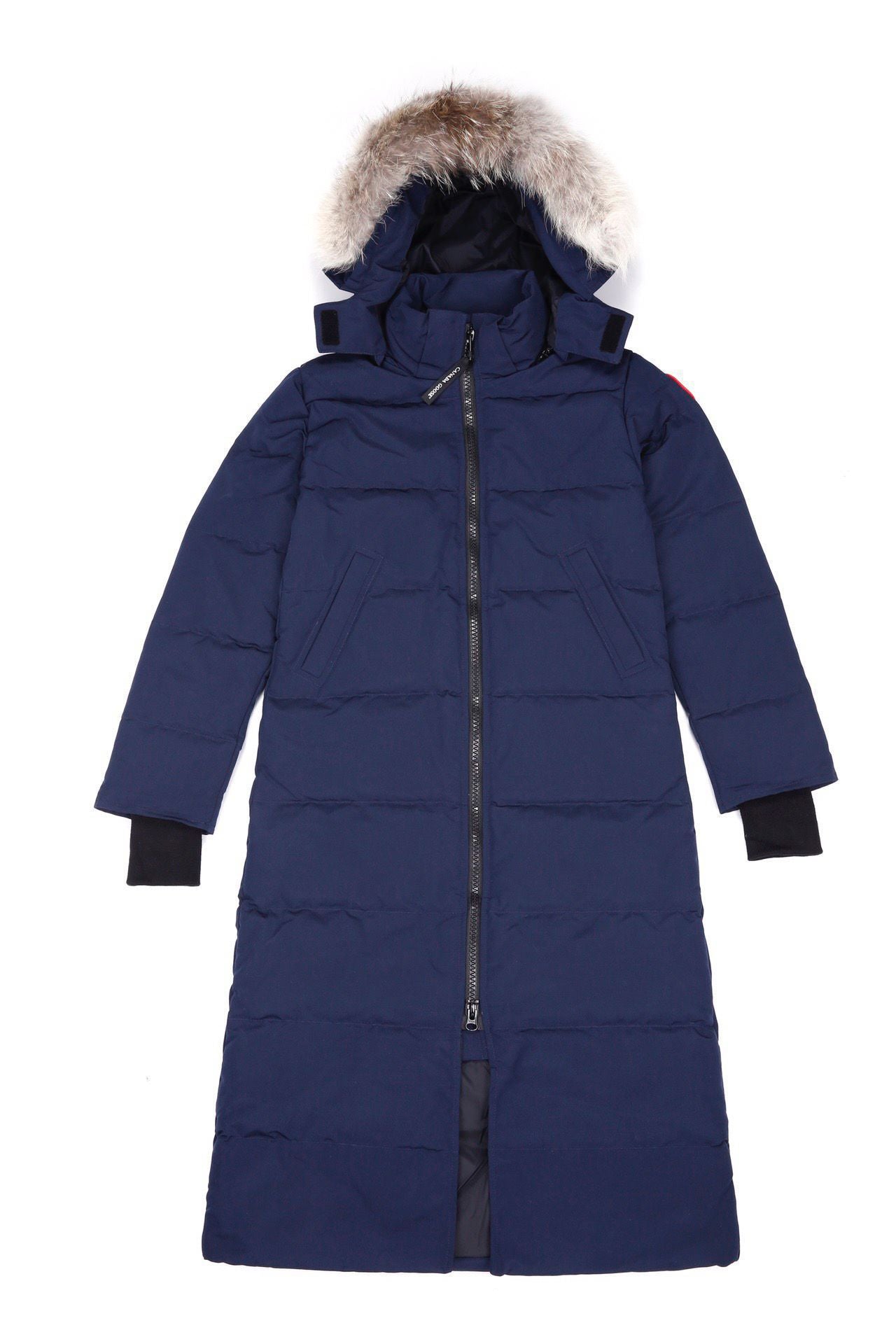 Blue winter coat with fur-lined hood on a white background