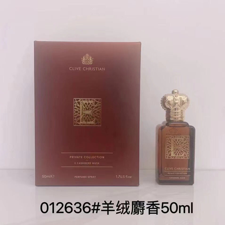 Clyve Christian Prince Collection Eau de Parfum 50ml bottle next to its brown box packaging, with Chinese text overlay at the bottom.