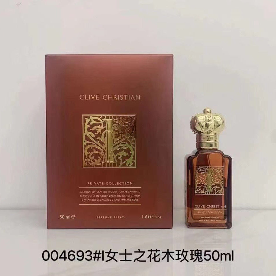 Clive Christian Private Collection '女士之花木玫瑰' perfume spray 50ml bottle next to its brown box packaging, with Chinese text overlay at the bottom.