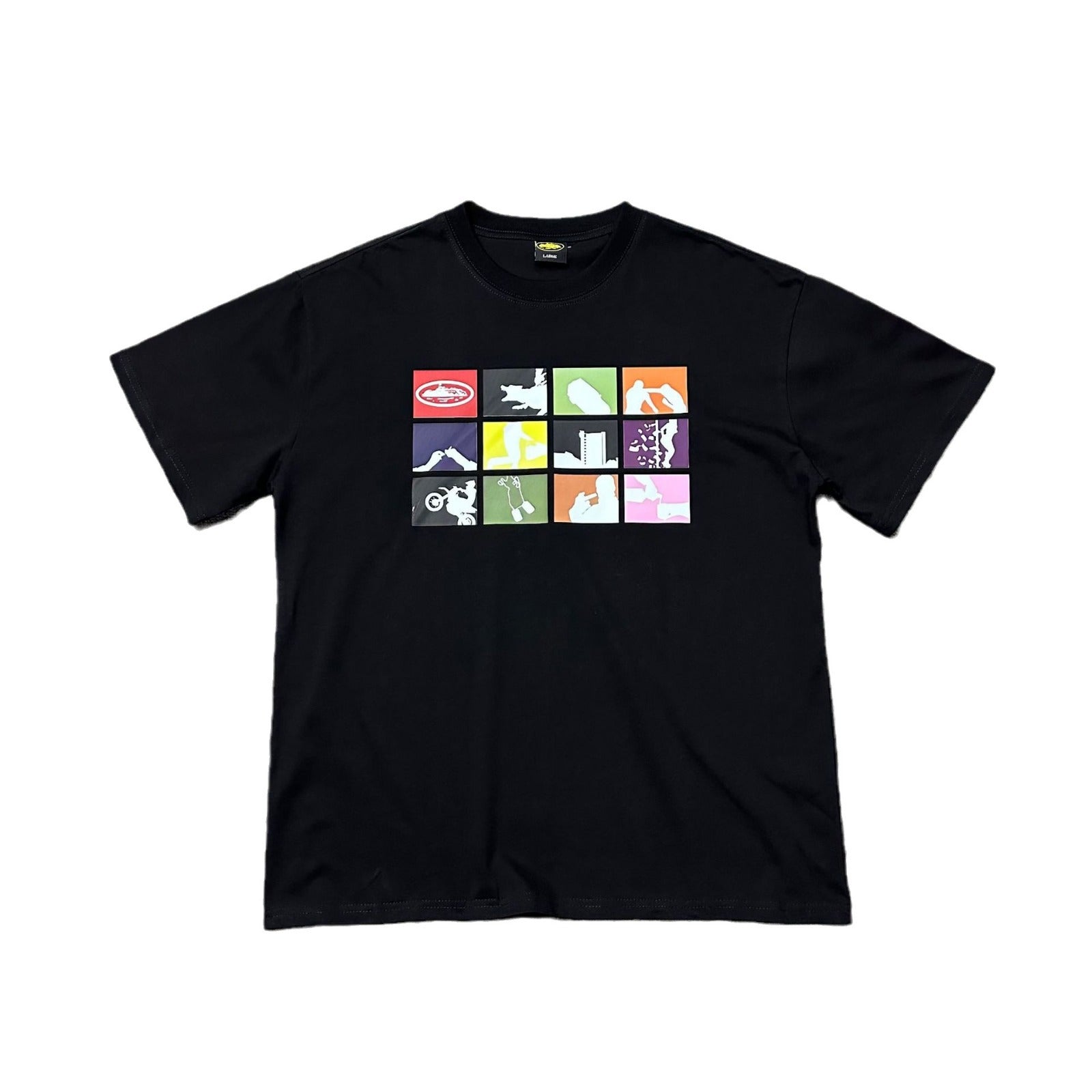 Black t-shirt with colorful graphic on a white background