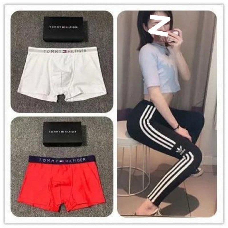 Collage of white and red boxer briefs with a black box, and a person wearing black pants with white stripes.