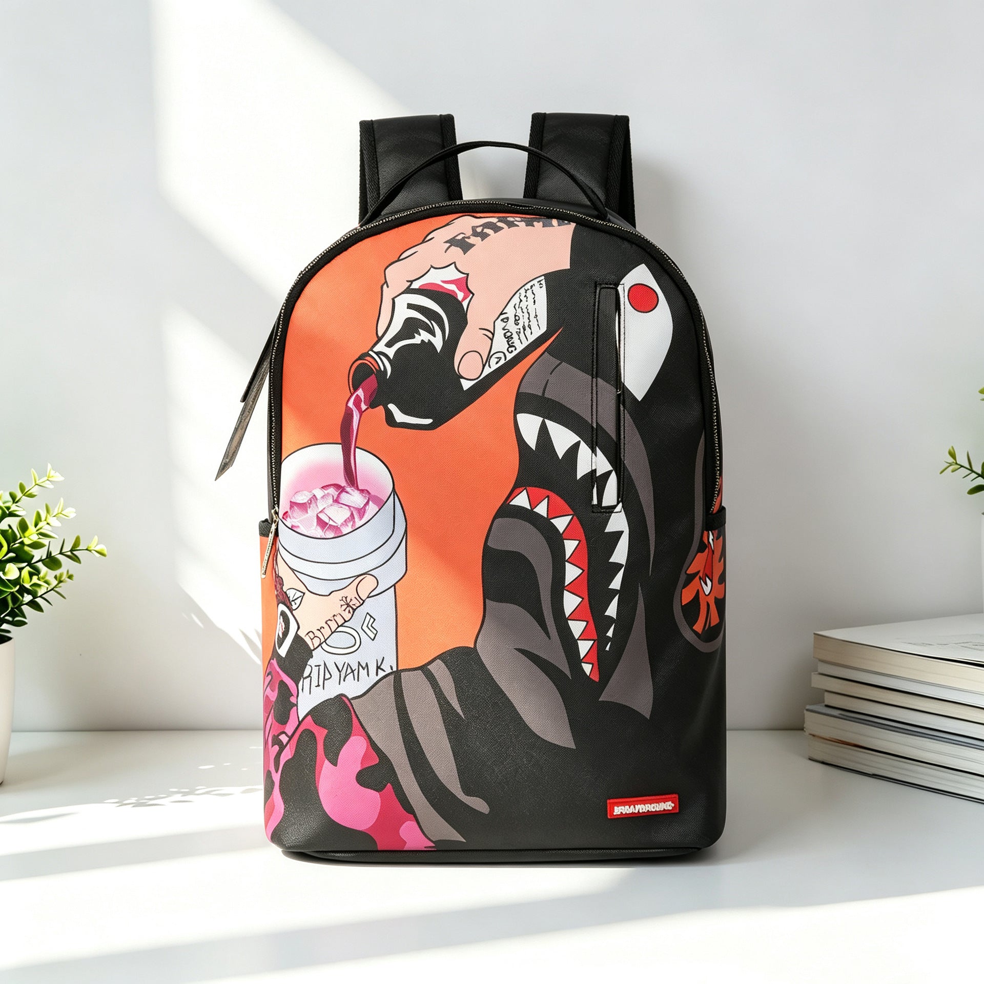 A black backpack with a colorful graffiti-style shark graphic and pink drink illustration, standing on a white surface against a white wall with plants and books in the background.