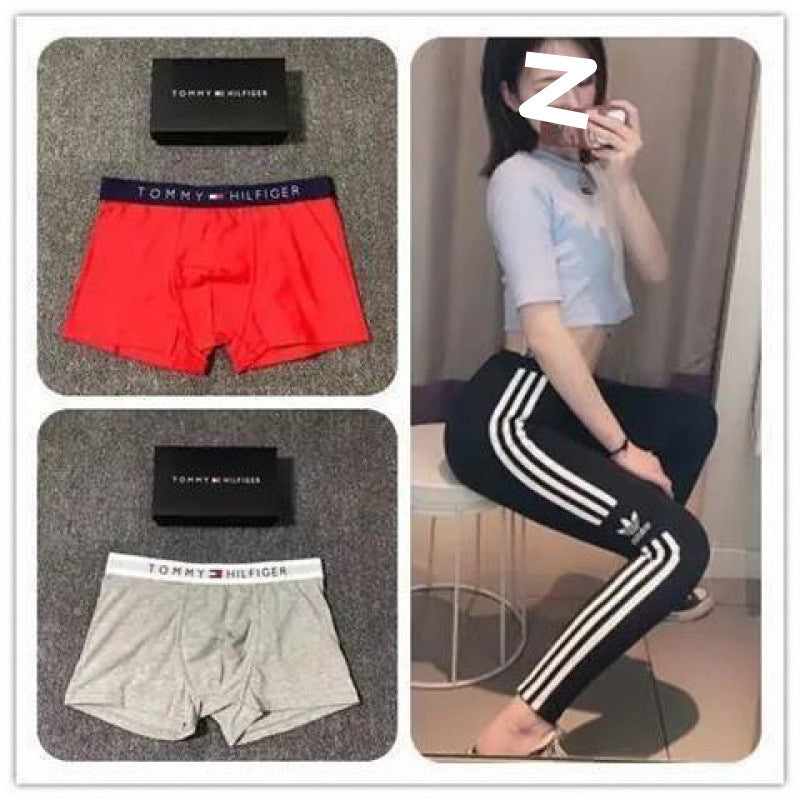 Collage of Tommy Hilfiger underwear with a person wearing Adidas pants.