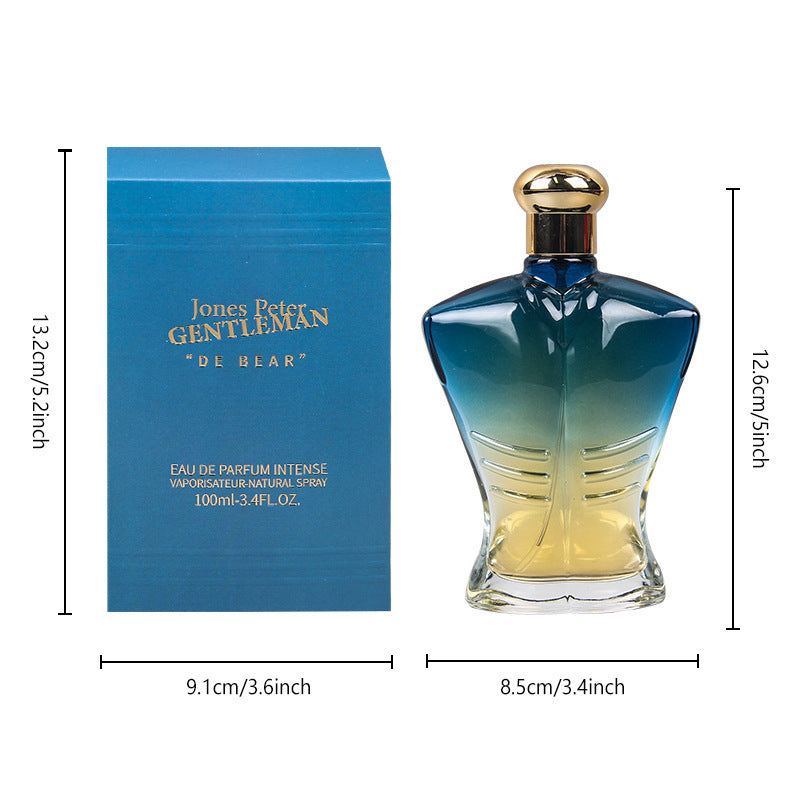 Perfume bottle and packaging with dimensions on a white background