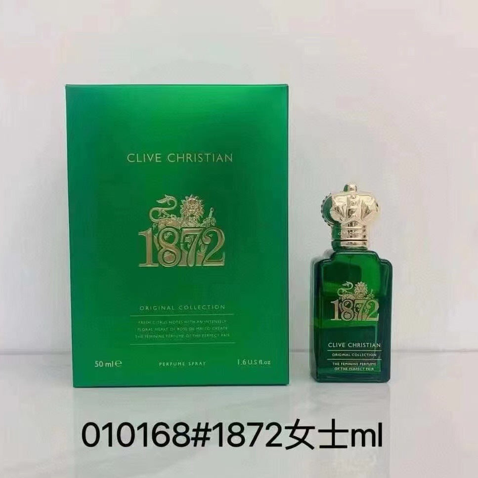 A green rectangular box and matching green perfume bottle with gold '1872' branding and 'CLIVE CHRISTIAN' text, shown on a light gray background. Large black text at the bottom reads '010168#1872女士ml' and a store watermark appears along the bottom edge.