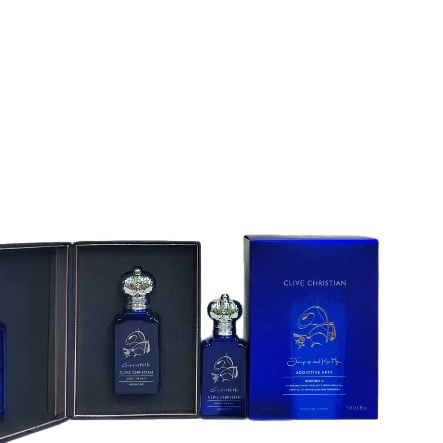 Clive Christian Joy and Affair fragrance set with a dark blue bottle, matching box, and an open presentation box on a white background.