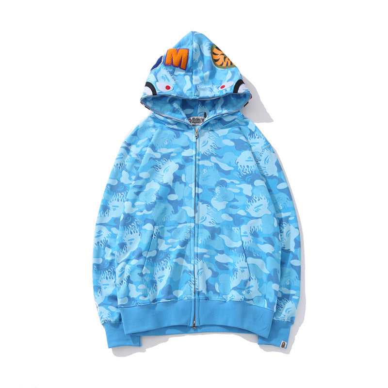 Blue camouflage hoodie with cartoon character on a white background