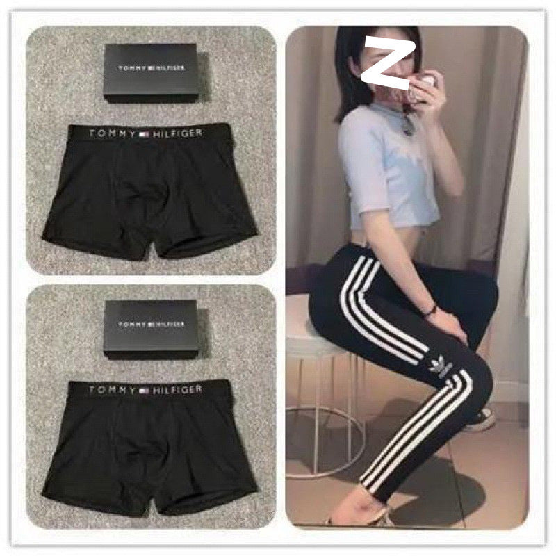 Collage of black Tommy Hilfiger boxer briefs and a person wearing Adidas pants.
