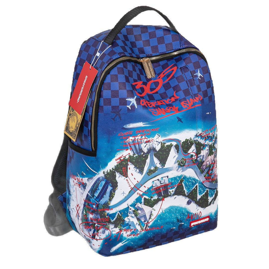 A Spraycraft 300 Forever Fun World backpack featuring a blue checkerboard pattern on the top, a red '300 Forever Fun World' logo, and a detailed graphic of Mount Rushmore ski slopes on the front.