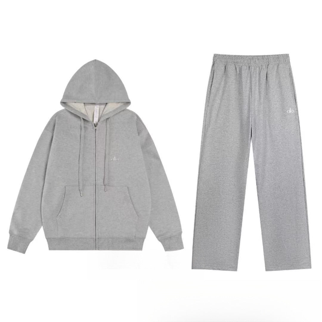 Gray hoodie and pants set on a white background