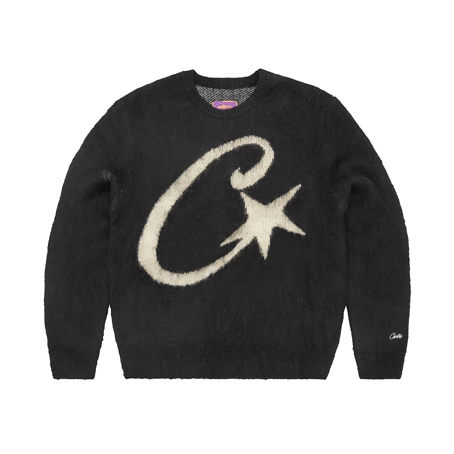A black fuzzy crewneck sweater featuring a large cream-colored textured 'C' and star graphic on the front, with a small 'Cute' brand signature on the left sleeve cuff.