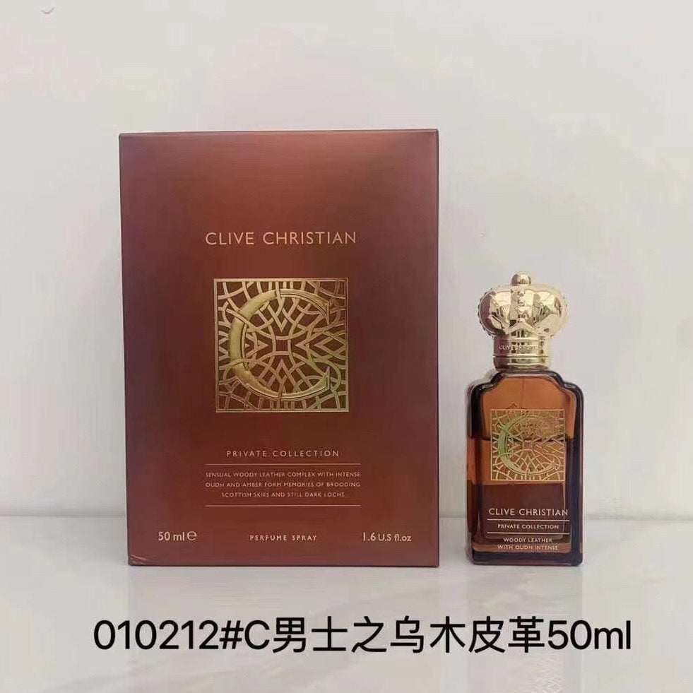 Clive Christian Private Collection perfume spray bottle and its matching brown box, displayed on a light background with a product code text overlay at the bottom.