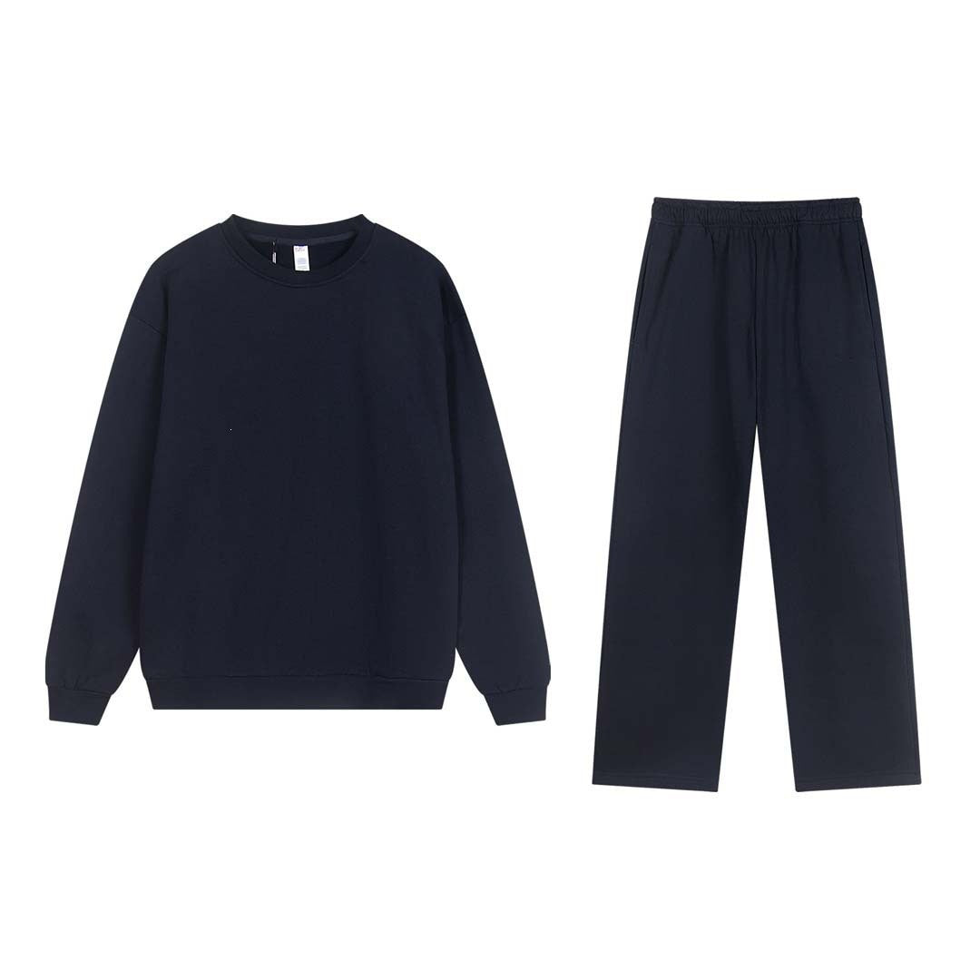 Black sweatshirt and pants set with a logo on a white background