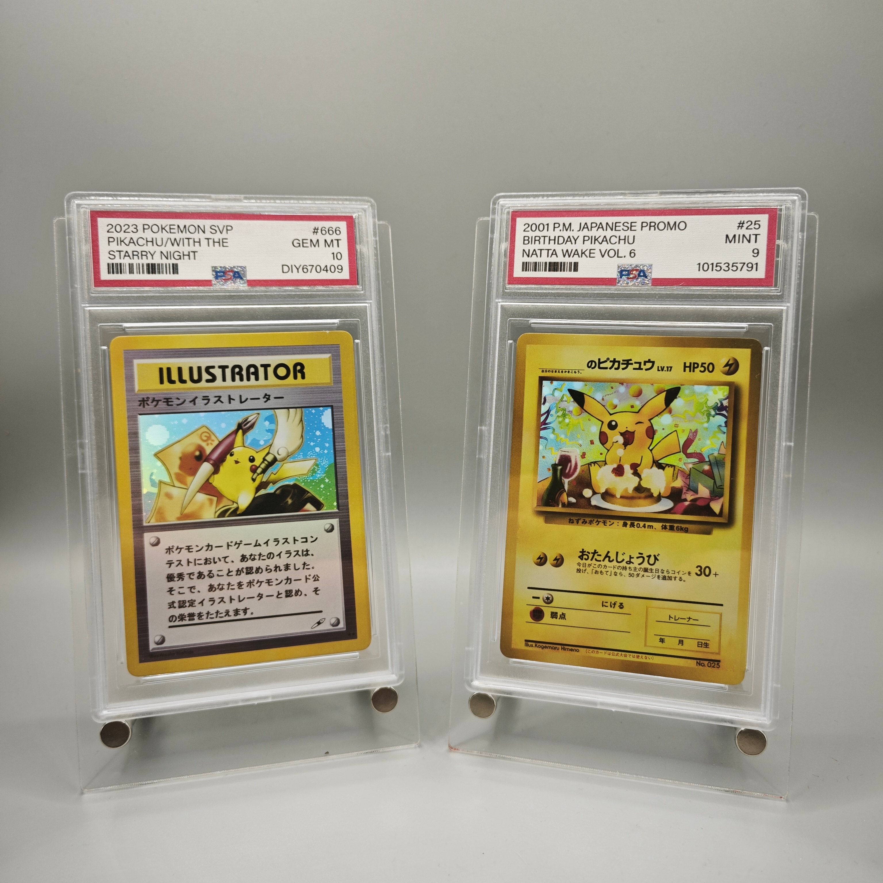 Two graded Pokémon trading cards in clear plastic grading cases on a light gray background. The left card is a 2023 Pokémon SVP Final-Show with the Starry Night set, featuring Pikachu, and the right card is a 2001 P.