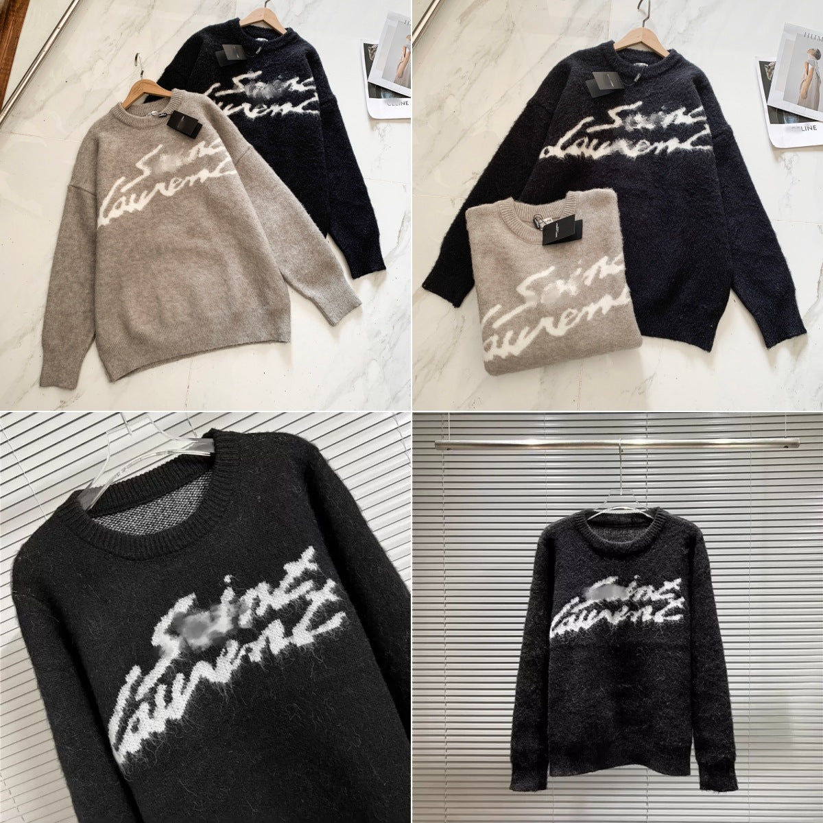 Four-panel collage showing Saint Laurent sweaters in taupe and black, each with a large white script logo across the chest. The sweaters are displayed hanging and folded on hangers against a light marble and slatted-metal background.