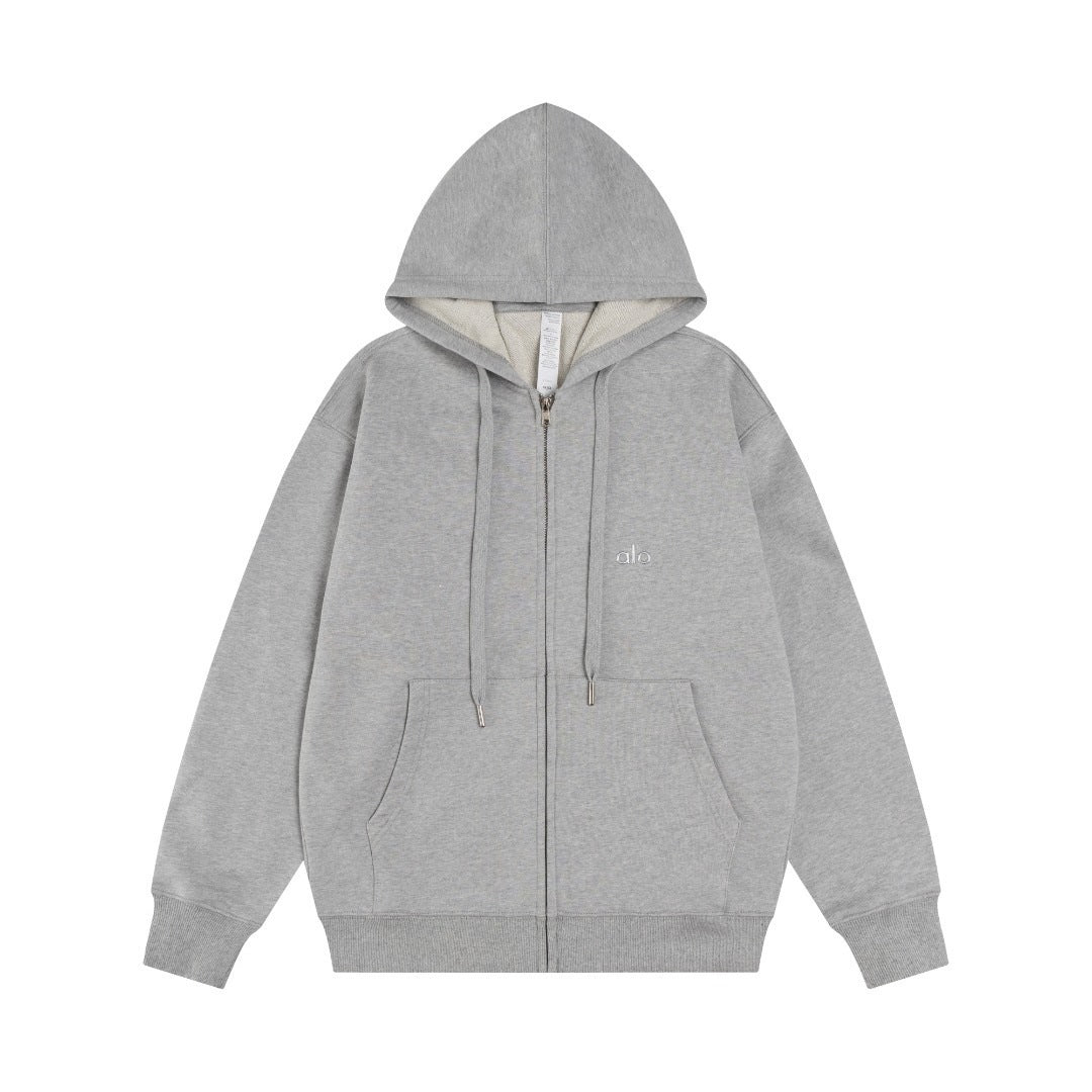 Gray hoodie with a brand logo on a white background