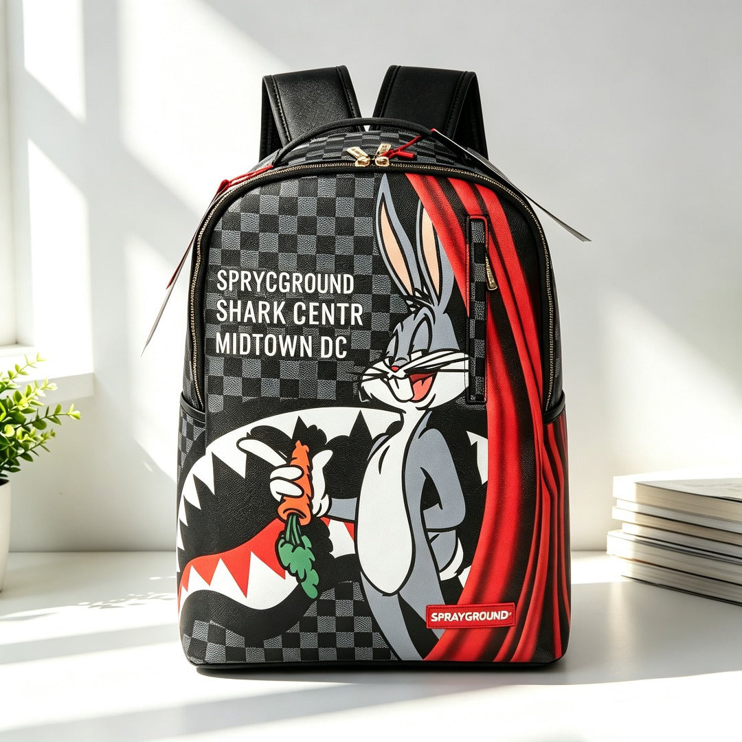 A backpack featuring Bugs Bunny and a shark fin graphic with the text 'SPRYCGROUND SHARK CENTR MIDTOWN DC' on a black and gray checkered background, styled on a white surface with sunlight and books in the background.