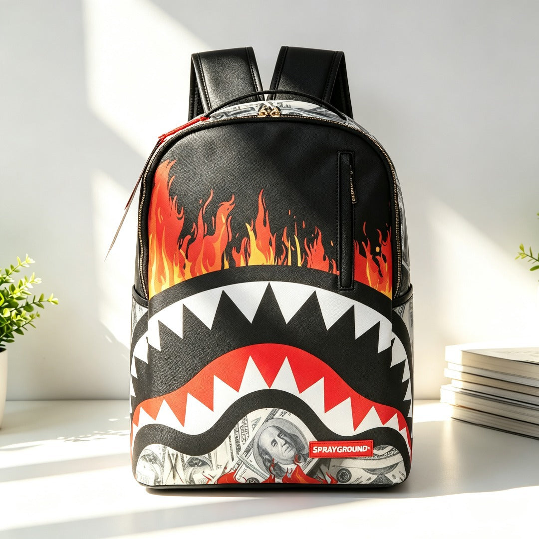 A black backpack with a Shark Bay design, featuring a red and orange flame pattern above a white, red, and black shark mouth with a dollar bill graphic, on a white surface with plants and books.