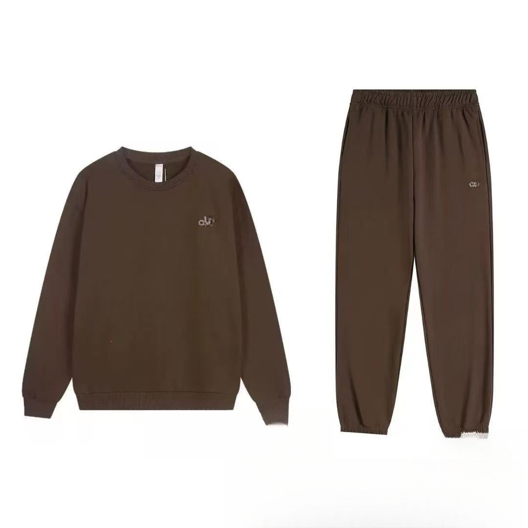 Brown sweatshirt and pants set with a logo on a white background