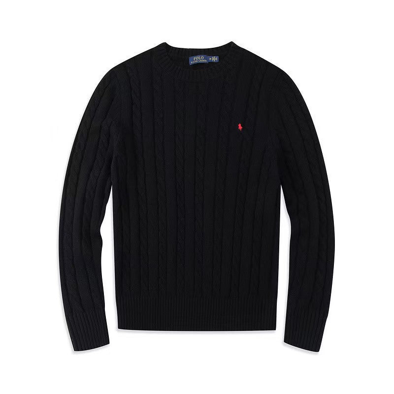 A black long-sleeve cable-knit sweater with a small embroidered red polo player logo on the left chest, displayed flat against a white background.