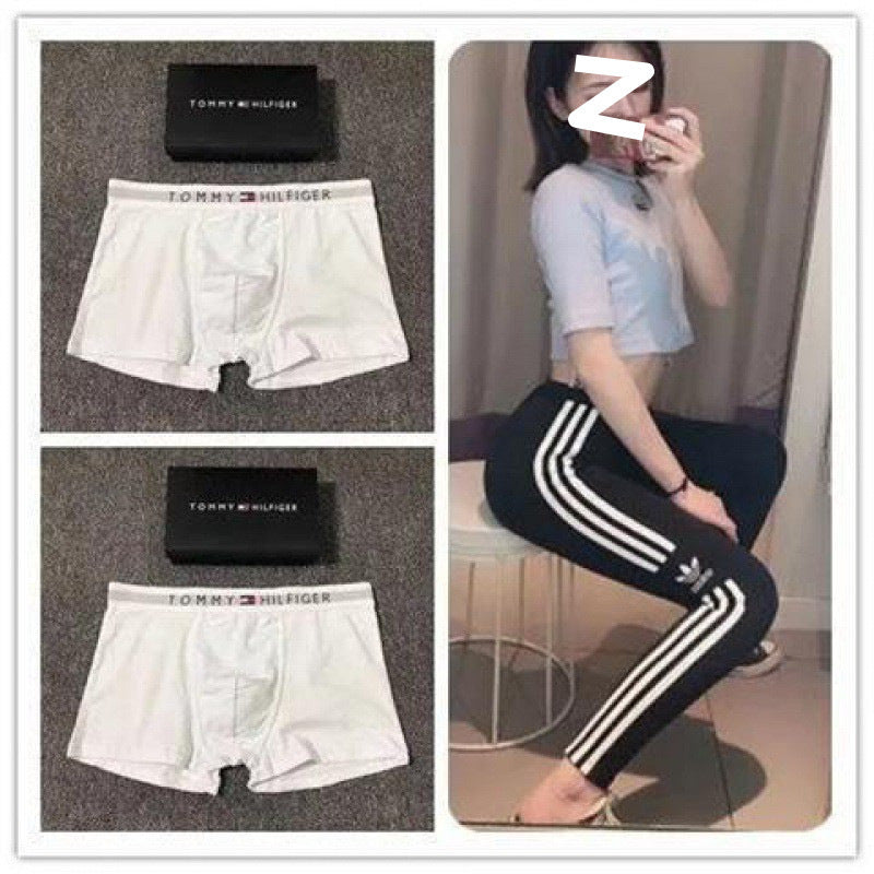 Collage of white boxer briefs, a black box with 'Tommy Hilfiger' branding, and a person wearing black pants with white stripes.