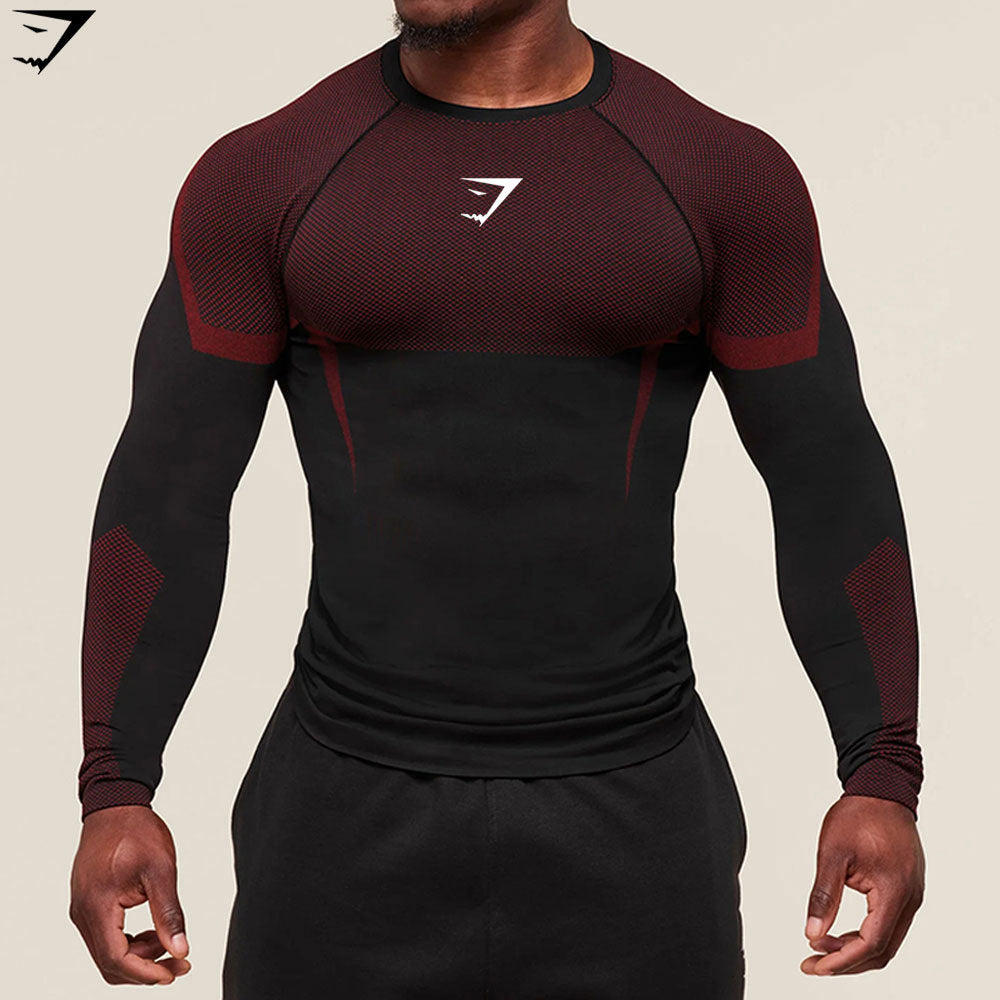 Black and red athletic shirt with brand logo on a beige background