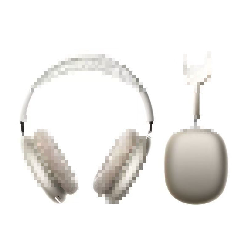White headphones with a small beige device on a white background