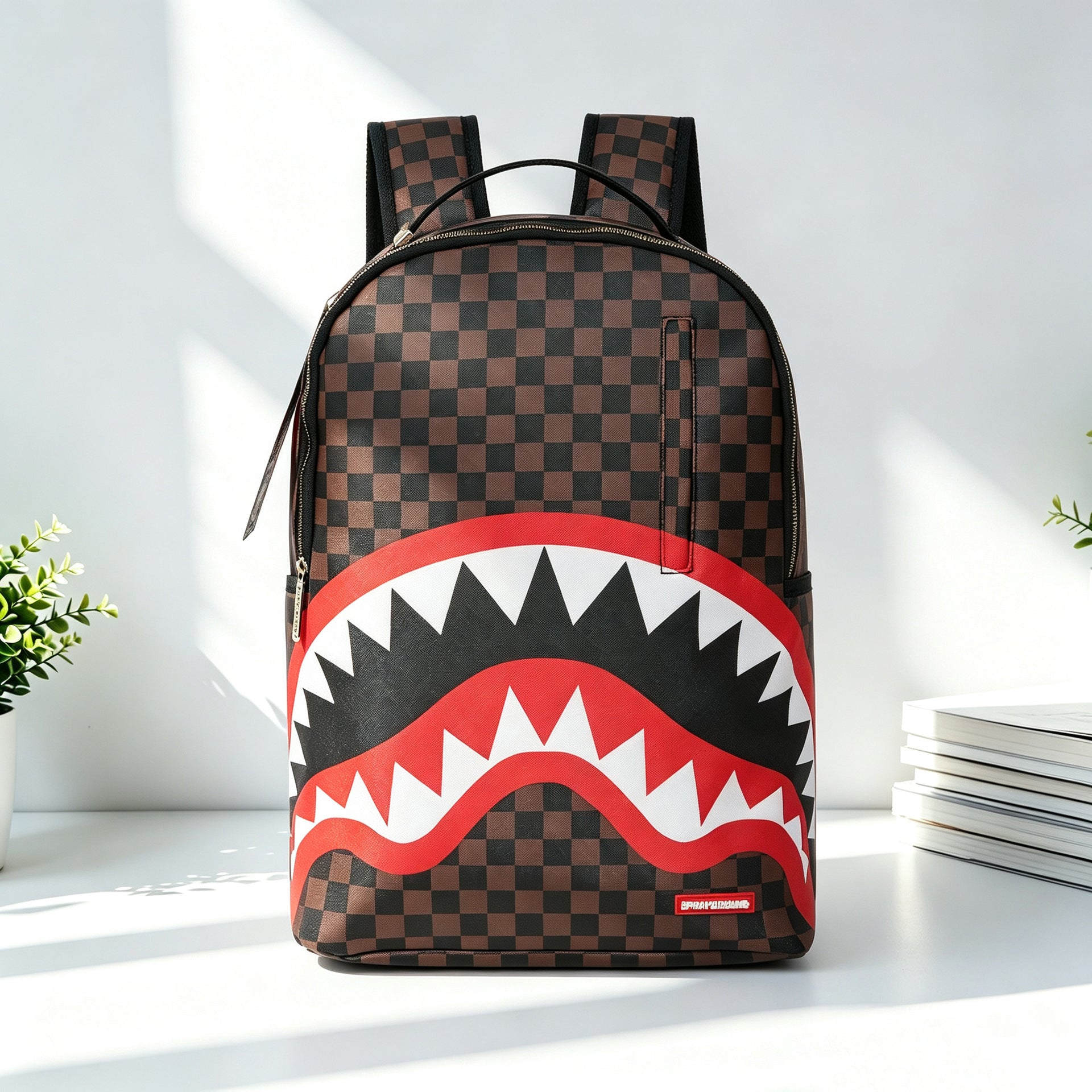 A brown checkerboard backpack with a large shark mouth graphic in red, black, and white on the front, photographed on a white surface with soft sunlight and small plants on both sides.