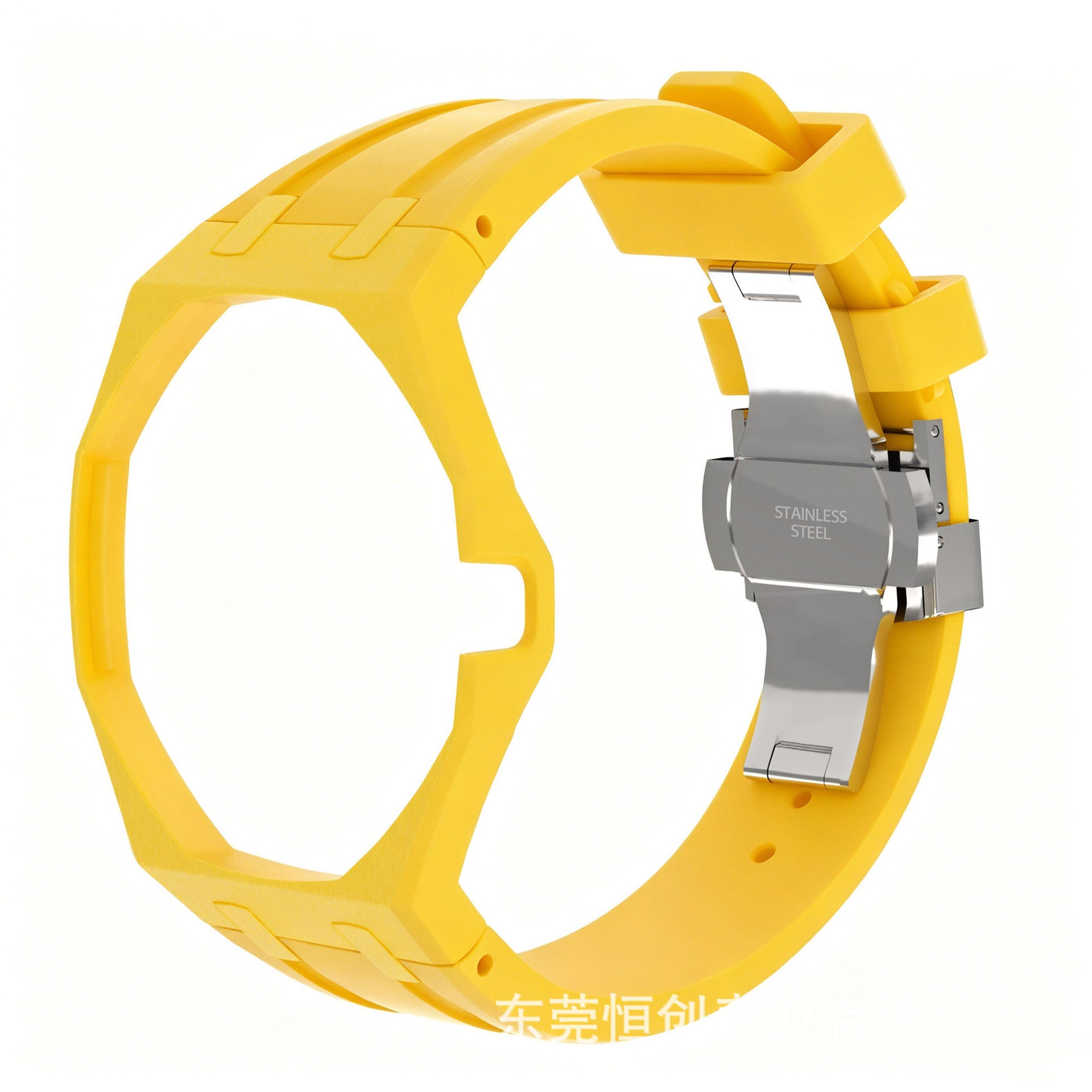 A bright yellow silicone watch band with a stainless steel buckle, shown on a clean white background.