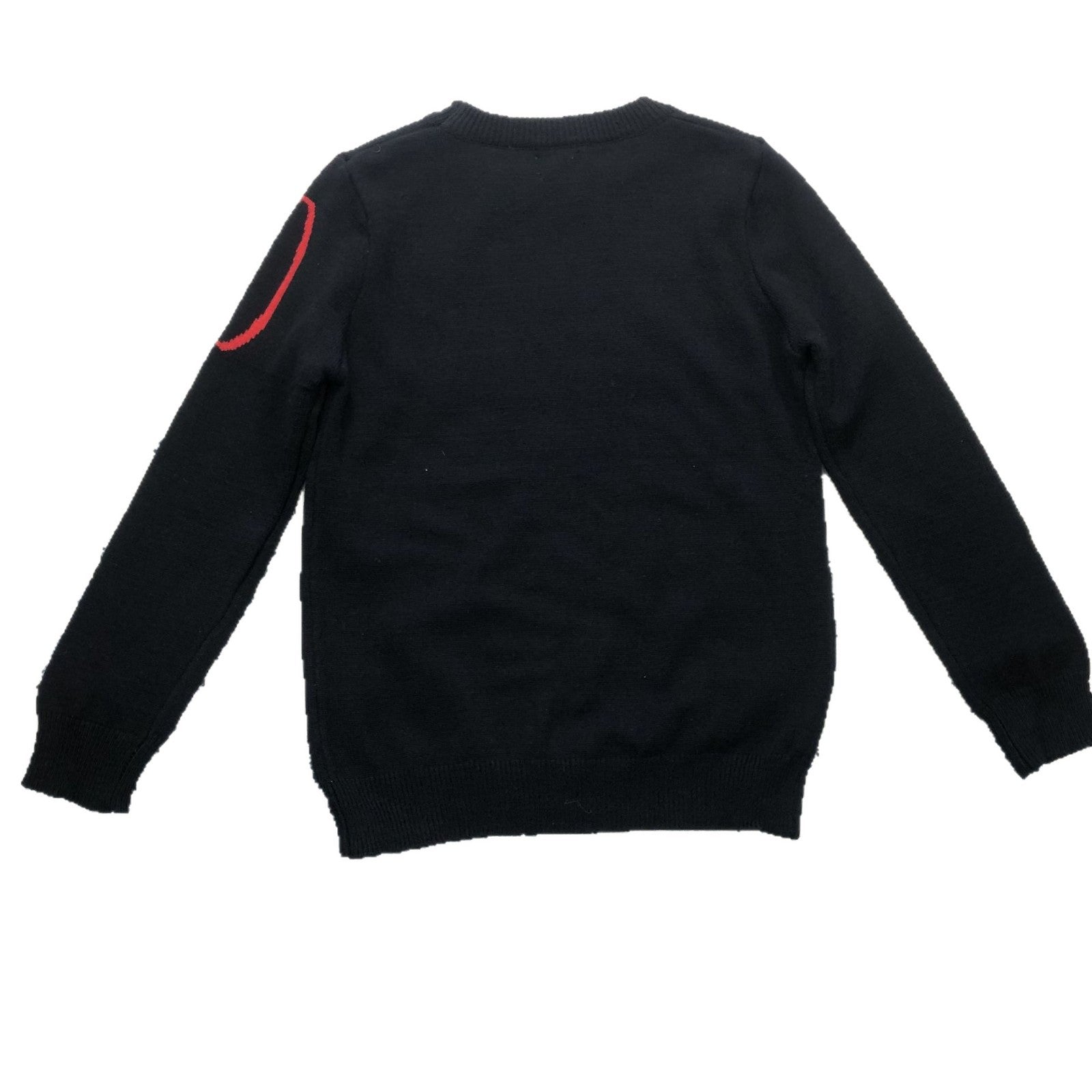 A black long-sleeve knit sweater shown from the back, featuring a small red circular graphic on the upper left shoulder, set against a plain white background.