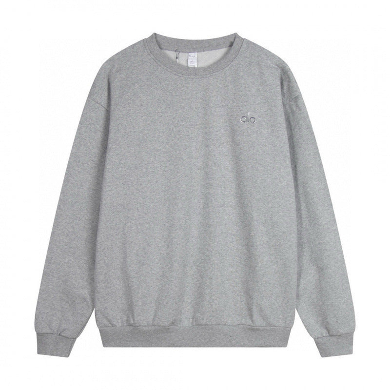 Gray sweatshirt with a small logo on a white background