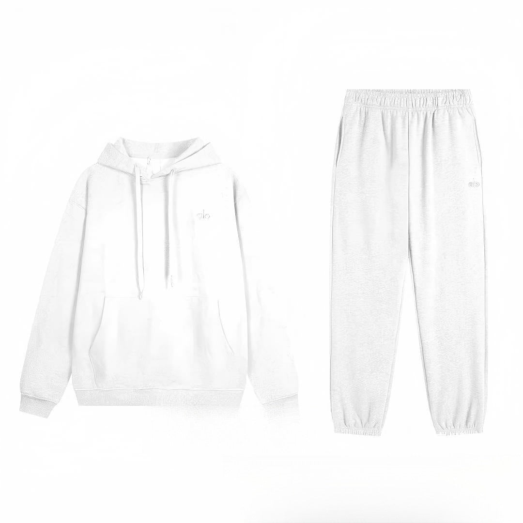 White hoodie and pants set on a white background